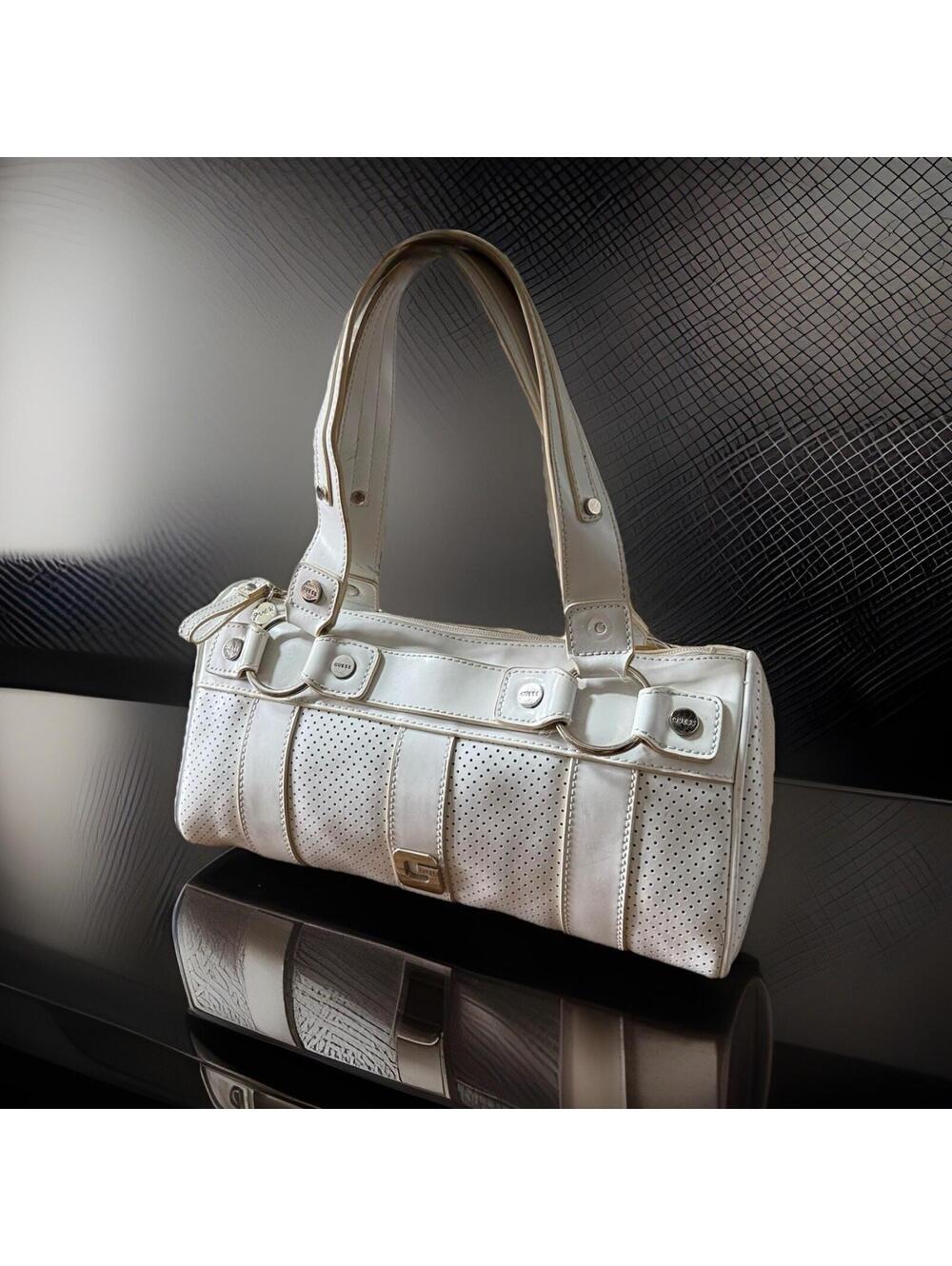 Vintage Y2K Guess White Perforated Barrel Satchel Shoulder Bag Purse